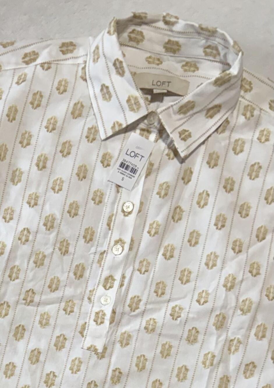 LOFT Shirt Womens Small Henley Dolman Short Sleeve Gold Embroidered Oversized